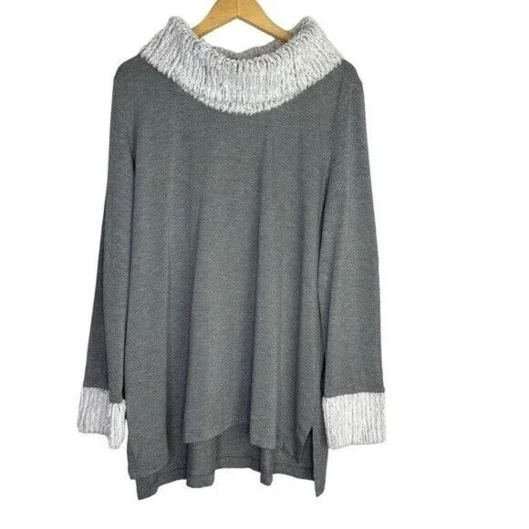 Cato Womens Size XL Gray Long Sleeve Top Off White Faux Fur Cowl Neck & Wrist - Picture 2 of 10